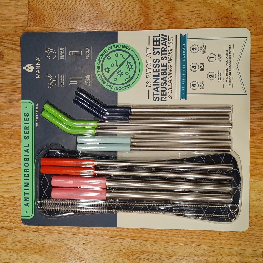 Manna Stainless Steel Reusable Straw & Cleaning Brush Set, 13 Pieces - Picture 2 of 4